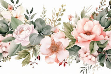 Watercolor floral border wreath with green leaves, pink peach blush and flower branches