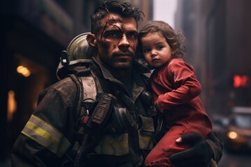 Fototapeta premium Firefighter Rescuing Child From Burning Building