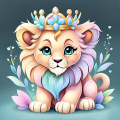 Baby lion, Prince of the jungle, fairy tale lion, fantasy lion, watercolor wind