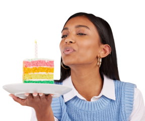 Woman, birthday cake and candle for celebration or dessert snack, happy event or wow food. Indian person, rainbow party and congratulations as eating, hungry or isolated on transparent png background