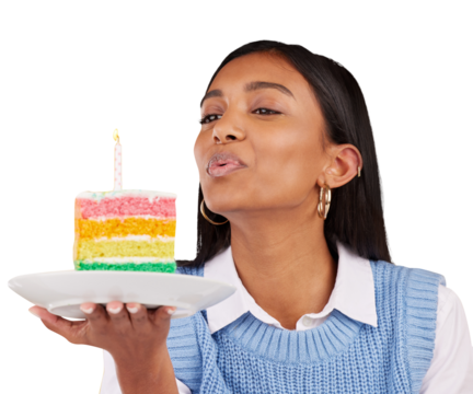 Woman, birthday cake and candle for celebration or dessert snack, happy event or wow food. Indian person, rainbow party and congratulations as eating, hungry or isolated on transparent png background - Powered by Adobe