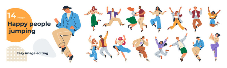 Happy jumping people. Celebrating people. Men and women happy jumping celebrating event or ceremony. Jump person character. Young students dance. Fun friends. Enjoying life. Friendship success victory