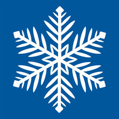 White snowflake on a blue background. Snowflake vector icon. Snowflake template. Christmas and New Year logo. Winter silhouette of snowflakes. For Christmas design and decorations.