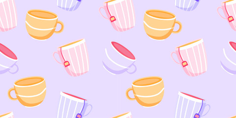 Cute seamless pattern with tea cups. Vector hand-drawn illustration in doodle style. Perfect for print, menu, wrapping paper, wallpaper, various designs.
