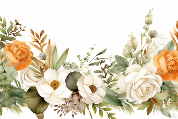 Watercolor floral border wreath with green leaves, pink peach blush and flower branches