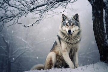 Wolf sitzt im Wald im Winter im Schnee. Dramatische Stimmung mit Platz für Text. Die Begegnung mit einem Wolf im Park.