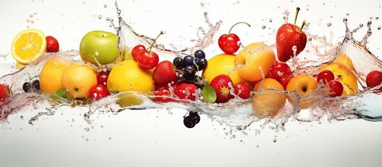 Closeup assorted fresh fruits with splashing water isolated on white background. AI generated image