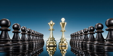 The king is standing with the Queen between two rows of pawns, symbolizing absolute power couple, presented in 3d illustration, 
