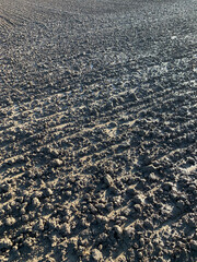 Background texture of a plowed field with clods of soil wet after rain, natural texture without a horizon line, in Germany