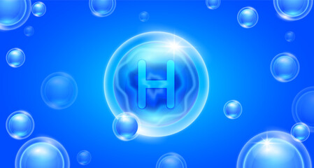 Blue vitamin H floating in the air. Vitamins minerals complex and collagen serum. For cosmetic banner or beauty skin care nutrition design. Essential supplement to the health body. 3D vector.