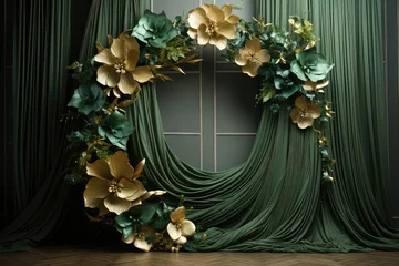 Foto op Aluminium Maternity backdrop, wedding backdrop, photography background, maternity props, Light hoop weaved green and gold flowers, elegant wall background, flowing white satin drape, backdrop, giant flowers © Reha