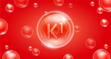 Red vitamin K1 floating in the air. Vitamins minerals complex and collagen serum. For cosmetic banner or beauty skin care nutrition design. Essential supplement to the health body. 3D vector.