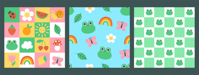 Fototapeta na wymiar Set of seamless summer patterns with frogs. Vector graphics.