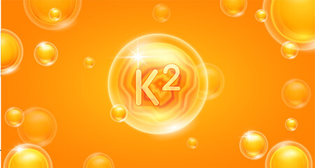 Orange vitamin K2 floating in the air. Vitamins minerals complex and collagen serum. For cosmetic banner or beauty skin care nutrition design. Essential supplement to the health body. 3D vector.