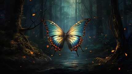 A painted butterfly in a dreamy, surreal forest.