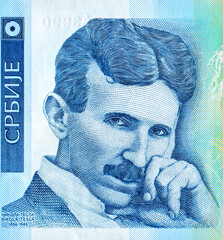 Nikola Tesla (1856 - 1943). Portrait from Serbian banknote - 685694794