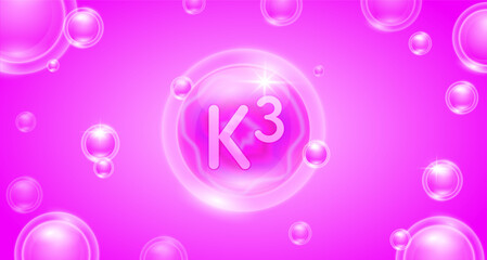 Pink vitamin K3 floating in the air. Vitamins minerals complex and collagen serum. For cosmetic banner or beauty skin care nutrition design. Essential supplement to the health body. 3D vector.