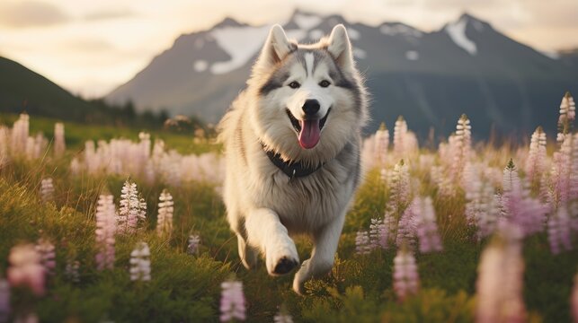 Happy Alaskan malamute dog running through a field of flowers