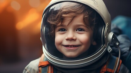 Little boy wearing an astronaut helmet dreams of becoming a rocket pilot spaceman in astronaut costume