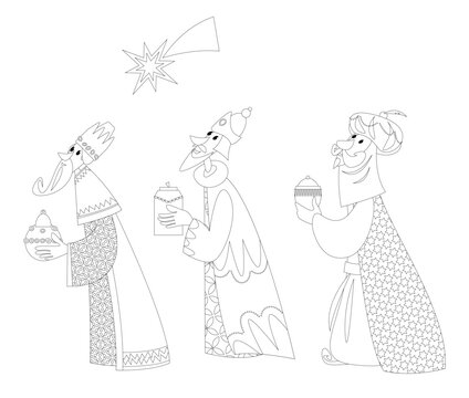 Three biblical Kings: Caspar, Melchior and Balthazar. Three wise men follow the Star of Bethlehem. Coloring page