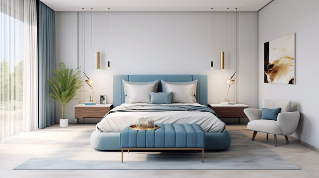 sky blue bedroom interior with white bed. luxury bright bedroom design. contemporary furniture