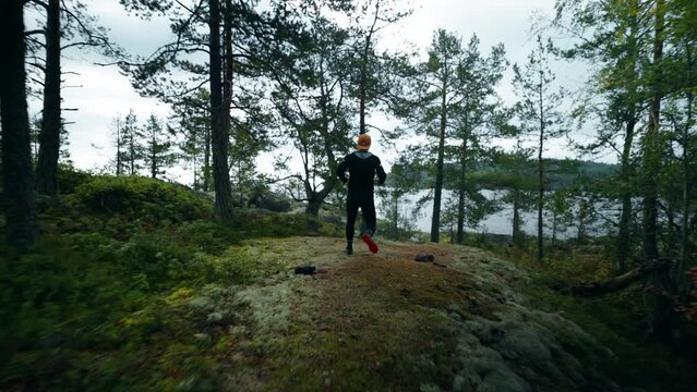 Athletic Man Running In Nature, Climbing At Top Of Mount, Back View Of Sportsman From Drone