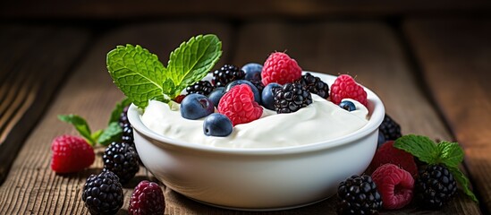 Fresh and healthy yogurt on bowl with berries on a wooden table on dark background. AI generated