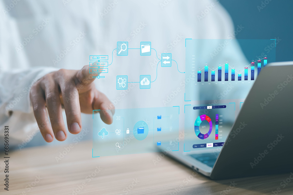 Poster analyst manages the system database and shows a dashboard chart on the computer. concept analytics business, and report, analysis data plan, research on platform digital technology