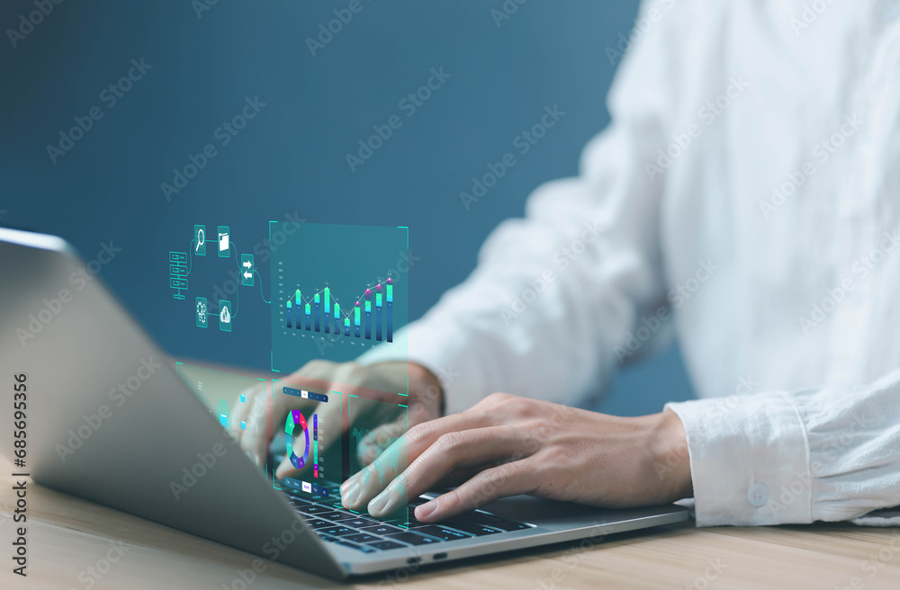 Poster analyst manages the system database and shows a dashboard chart on the computer. concept analytics business, and report, analysis data plan, research on platform digital technology