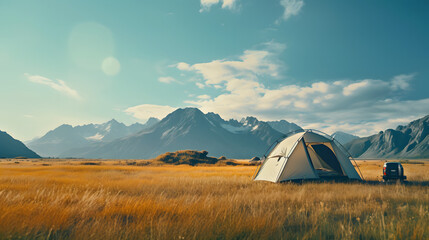 A Tent Set Amidst Nature with Majestic Mountain Backdrop.