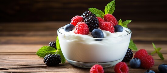 Fresh and healthy yogurt on bowl with berries on a wooden table on dark background. AI generated