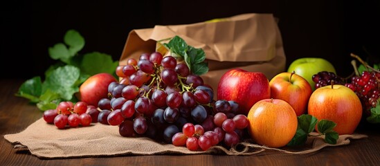 Fresh fruits assorted on a brown paper bag, isolated dark background.