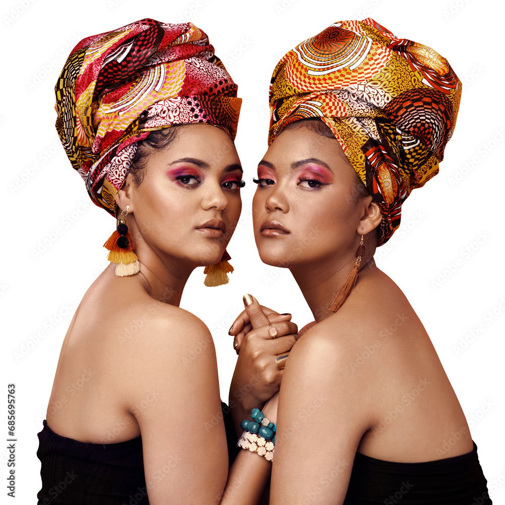 Wall mural African fashion, beauty and portrait of women, creative and friends isolated on transparent background. Face, models and people with accessory, makeup and png with glamour and exotic jewelry