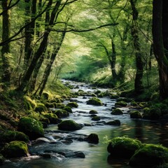 Obraz premium A tranquil forest stream flowing through the woods