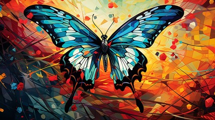 A painted butterfly in a world of abstract shapes.