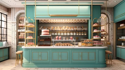 Badezimmer Foto Rückwand Bäckerei modern stylish interior design of green bakery. fresh bread and pastries in bakery