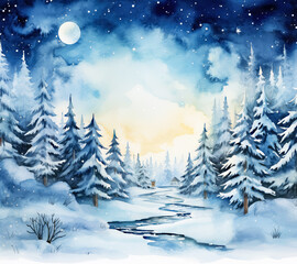 Fototapeta na wymiar Watercolor Winter Snowy Landscape with White Background