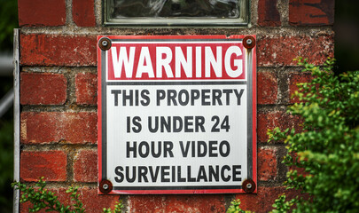 Warning sign, this property is under 24 hour video surveillance - obrazy, fototapety, plakaty
