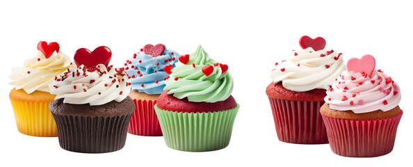 Vibrantly colored cupcakes muffin set with heart on top, bakery’s sweet food offering for valentines day, Isolated on Transparent Background, PNG - obrazy, fototapety, plakaty