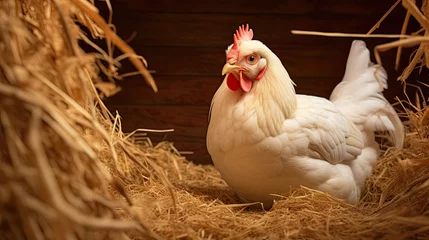 Tafelkleed a white chicken is sitting in the hay © Rangga Bimantara