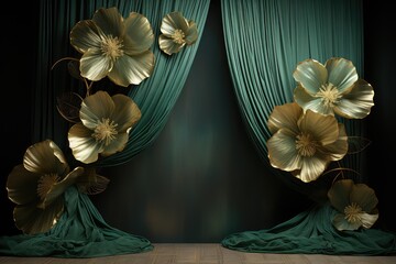 Maternity backdrop, wedding backdrop, photography background, maternity props, Light hoop weaved green and gold flowers, elegant wall background, flowing white satin drape, backdrop, giant flowers