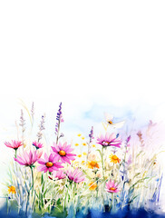 Watercolor Wildflowers Field Landscape Background with Copy Space