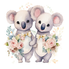 Love in Bloom: Koala and Watercolor Petals Cute Couple Koala flower