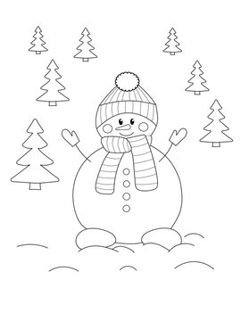 Coloring page of cute cartoon snowman. Christmas and New Year vector illustration. Greeting card background. Black and white line art for coloring page. Coloring book for children.