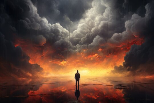 Man Standing Alone in a Stormy Landscape, Symbolizing Depression