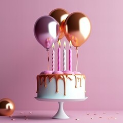 Celebration cake for birthday with candles and balloons 