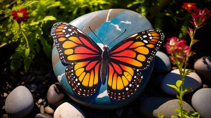 A painted butterfly landing on a colorful garden stone.