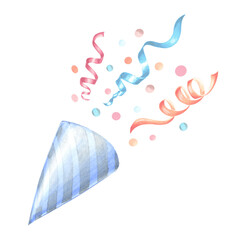 Watercolor festive blue striped exploding party popper with streamers and confetti Template of hand drawn illustration for festive wrappers, invitation, birthday and holiday party, sticker decoration