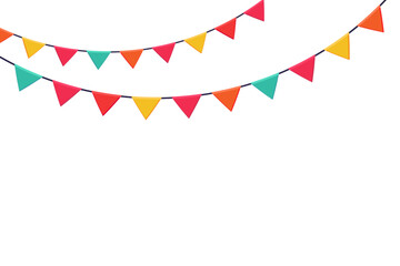 Garland of colored flags horizontal banner. Festive vector background in flat cartoon style on a white background. - obrazy, fototapety, plakaty