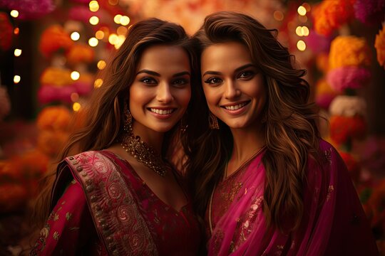 two indian sisters are posing for a photo at diwali fireworks at home